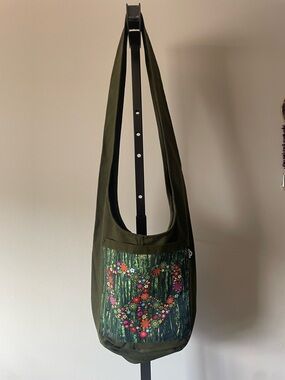 Atoda Hobo Crossbody Monk Bag Purse Boho Hippie Green Floral Canvas Earthy Yoga
